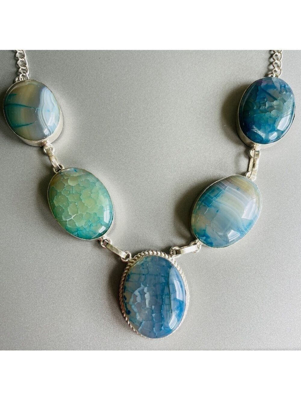 Dragon Veins Blue Agate Chain Necklace in Sterling Silver